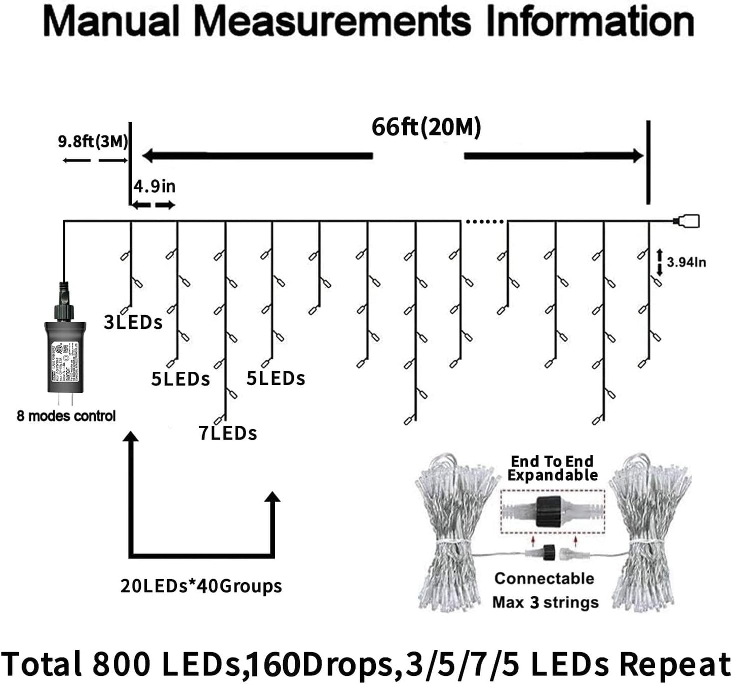 YEGUO 66ft 800 LED Icicle Lights Outdoor Waterproof, 160 Drops Icicle Christmas Light Connectable, 8 Modes White Icicle Xmas Lights with Timer Memory