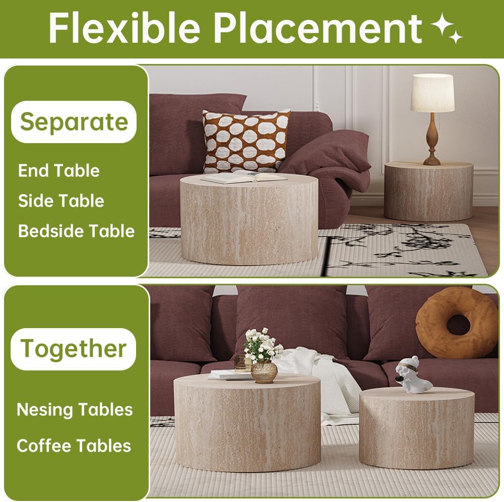 Round Nesting Coffee Table Set of 2 Small Round Coffee Tables for Living Room Modern Fluted Coffee Table Circular End Table Side Table for Small Spaces No Assembly (Travertine, 27 in)