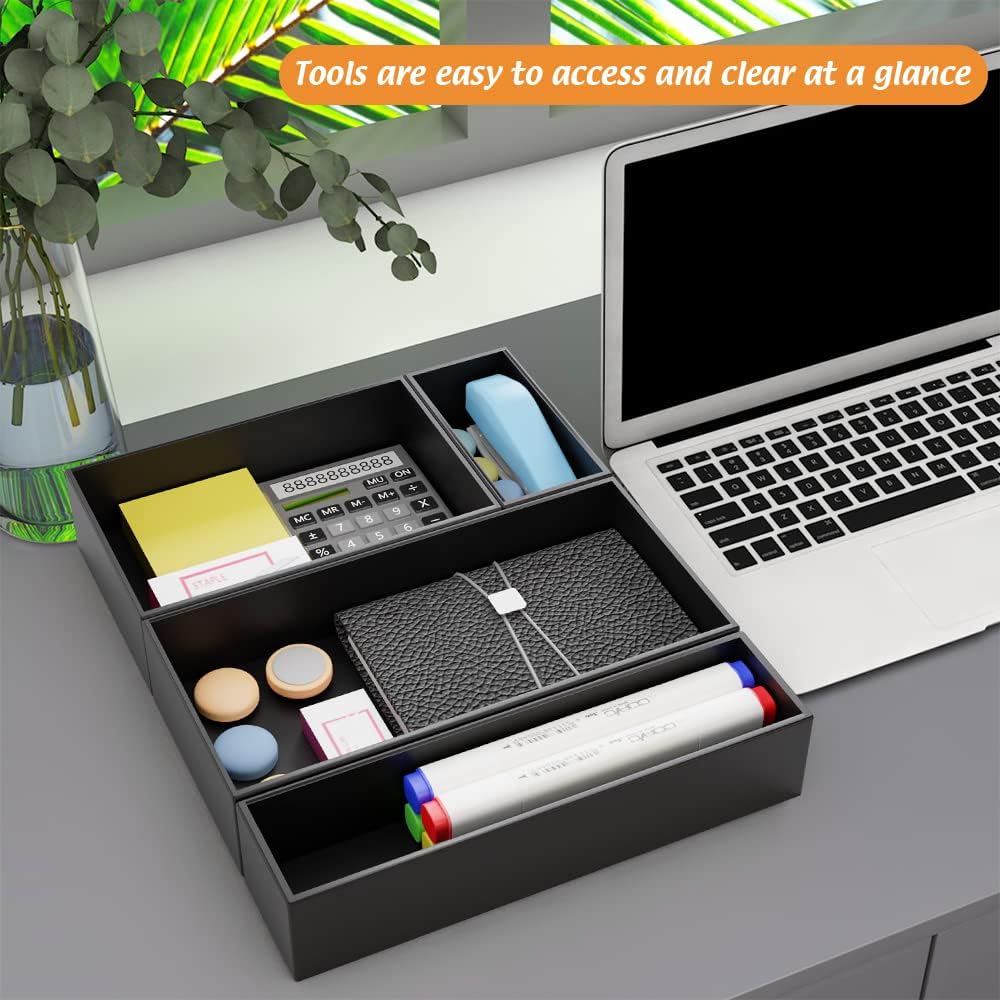 Black Bamboo Drawer Organizer - Silverware&Utensil Holder Organizer for Kitchen Drawers, Multi-Use Drawer Dividers Boxes for Bathroom Counter,Cabinet, Garage, Office Desk, Makeup, Jewelry (12"3"2.5")