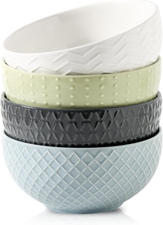 Hasense Soup Bowls 26 OZ, Ceramic Bowls Set of 4 for Kitchen, Embossed Stoneware Porcelain Cereal Bowls for Soup, Cereal, Oatmeal, Fruit, Salad, Noodle and Rice, Microwave Dishwasher Safe, Multi-color