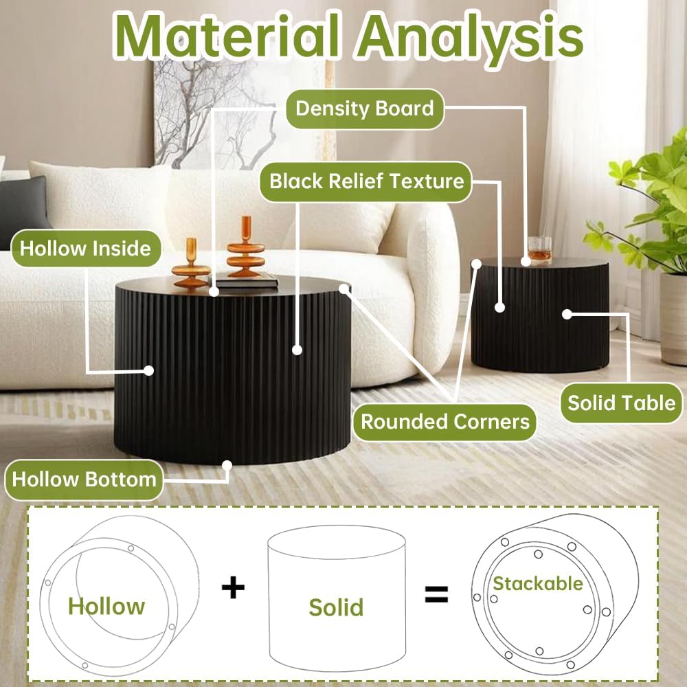 Round Nesting Coffee Table Modern Black Fluted Coffee Table Set of 2 Stripe Round Coffee Tables Circle Drum Coffee Tables Side Table Accent End Table for Living Room (Black Large)