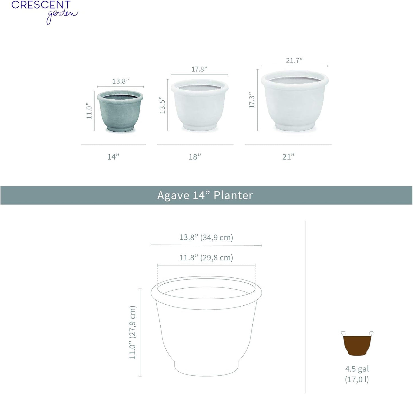 Crescent Garden Agave Planter, Charming Old-World Plant Pot, 14-Inch (Rust)