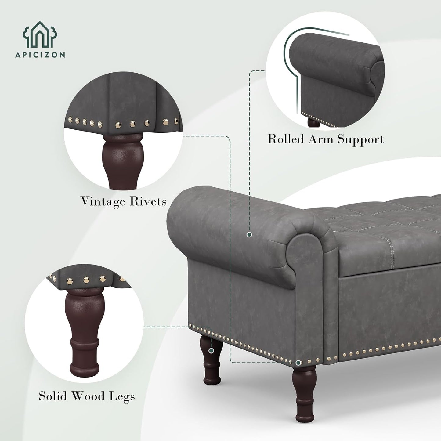 Apicizon 51”Bench with Storage, Upholstered Tufted Button Window Bench with Plenty Hidden Storage Space,Faux Leather Ottoman Bench for Bedroom, Living Room, Entryway,Gray
