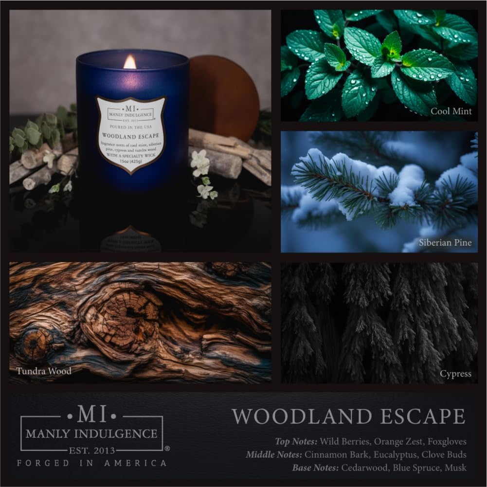 Manly Indulgence Woodland Escape Scented Candles for Men, 15 oz Wooden Wick, Premium Soy Blend Wax, 60H Burn, Candles for Home Scented - Made in The USA