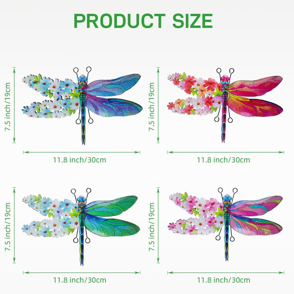 Dragonfly Wall Decor, 4 Pack Metal Outdoor Wall Decor Art, Colourful Dragonfly Decor for Garden Yard Patio Fence Living Room Bedroom