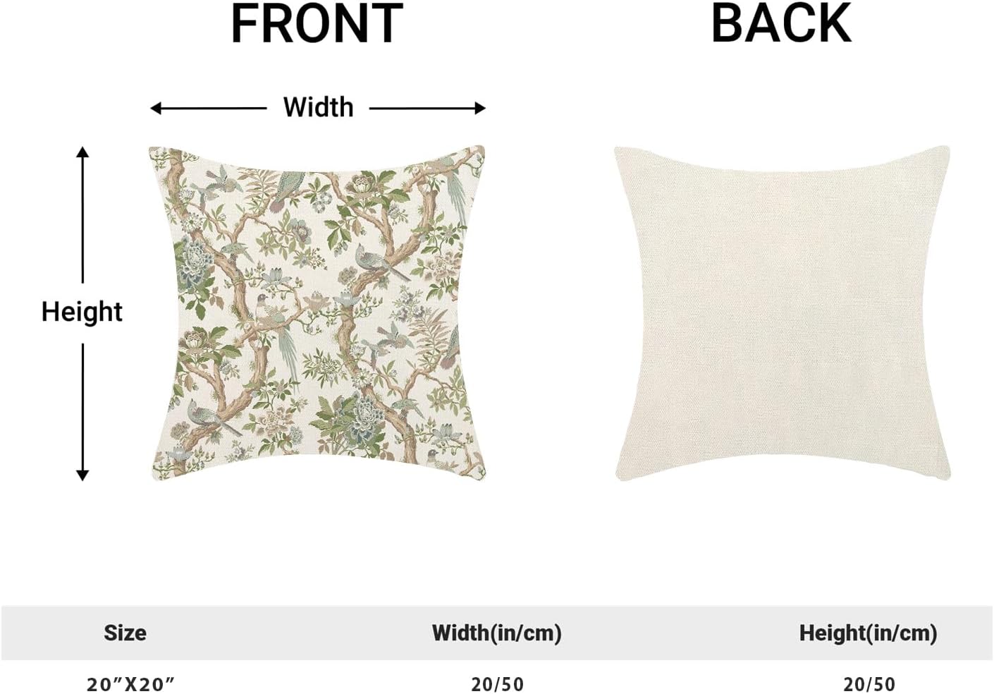 CXMEIFLY Chinoiserie Spring Pillow Covers 20 x 20 Inch Set of 2 for Sage Green Blue Vintage Flowers Bird Decor Throw Pillows Plant Farmhouse Outdoor Decorative Cushion Cases for Couch Bed Decorations