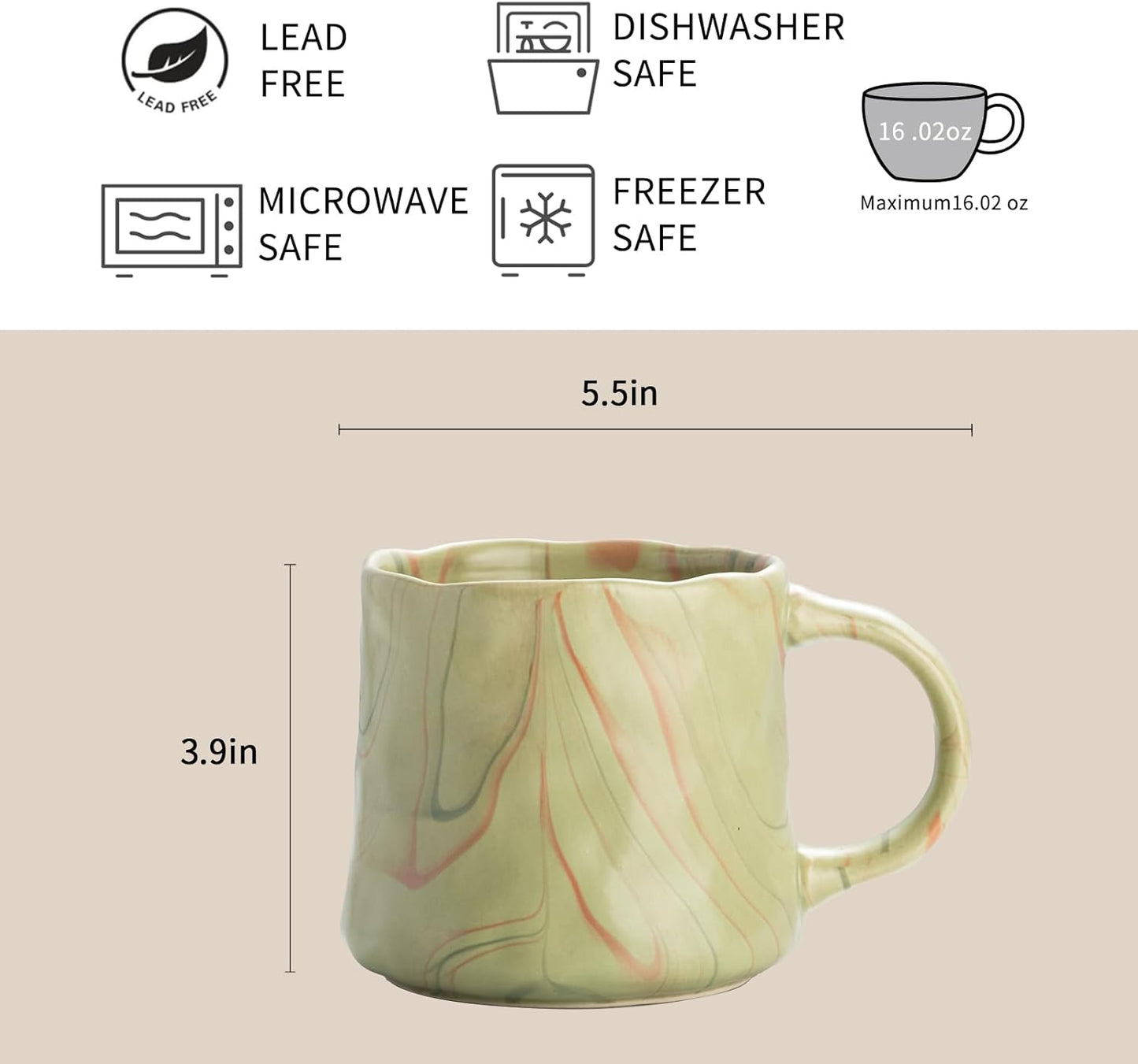 Abstract Art Ceramic Coffee Mugs Set - 1 Pack, Mint Green with Red and White Accents, Handcrafted Design for Modern Kitchen or Office