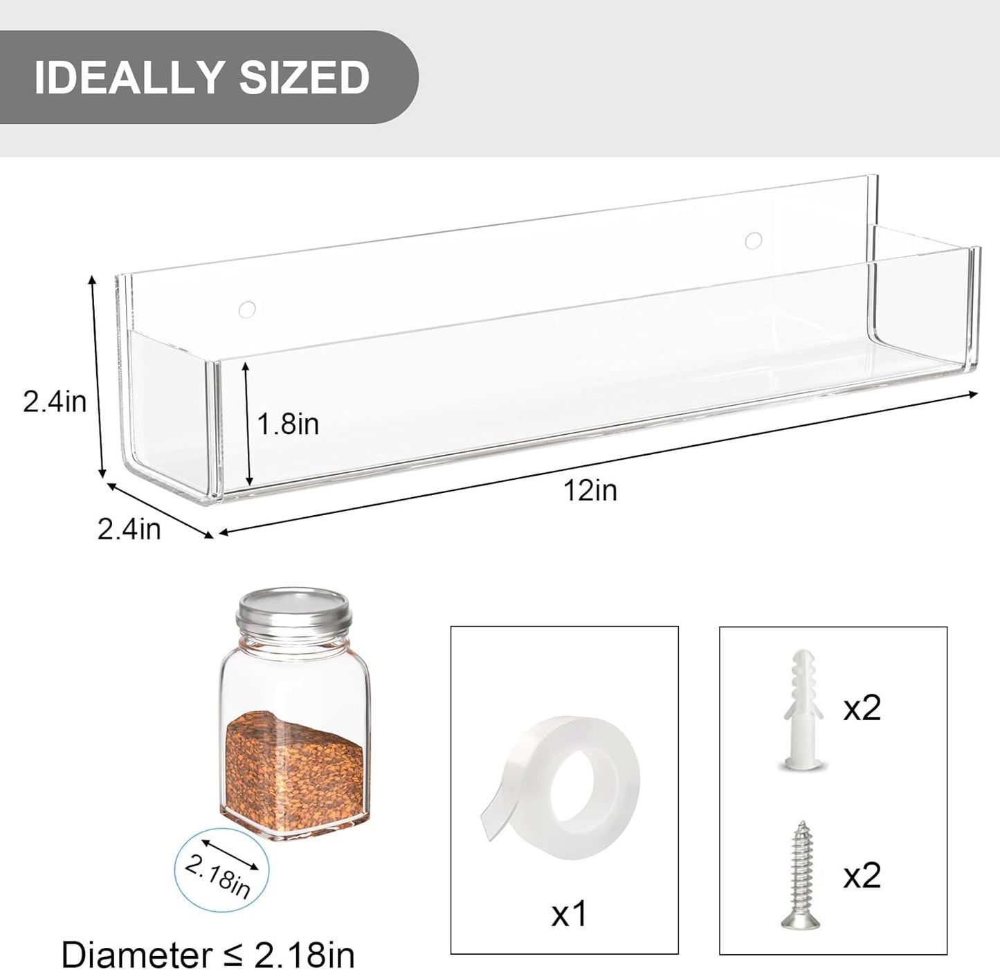 PMMASTO Adhesive Acrylic Spice Rack Organizer for Wall with Nano Double Sided Tape, Spice Shelf Organization for Kitchen Cabinet Door/Pantry Door, Wall Mount Seasoning Rack (Clear-2 Pack)