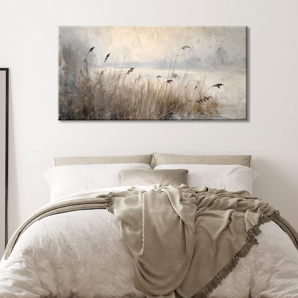 LASMOND Vintage Meadow Wall Art for Living Room Reed Grass Canvas Painting Prints Large Retro Rustic Cottagecore Countryside Landscape Farmhouse Bedroom Artwork Home Decor (46x23 Inches)