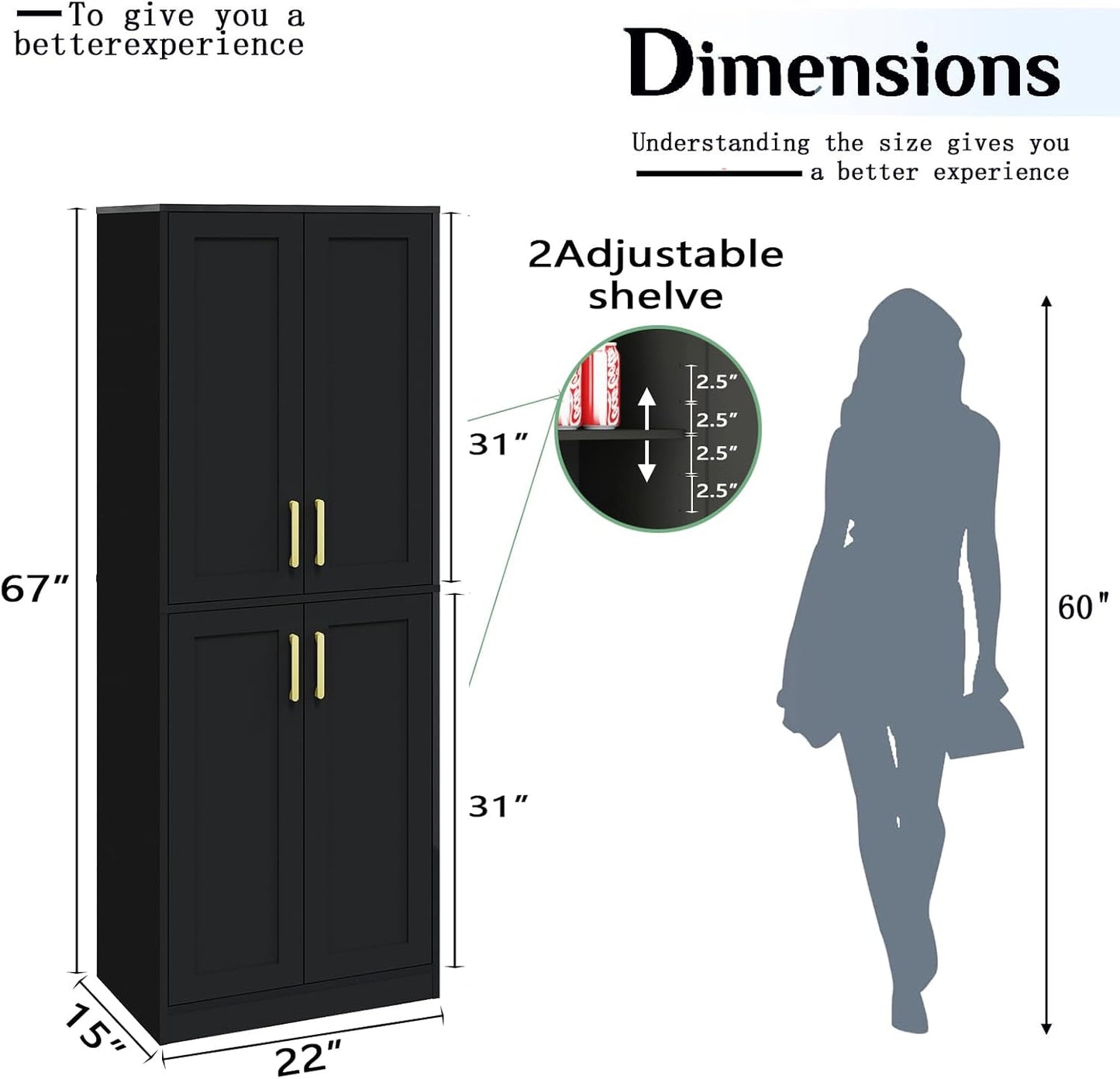 Tall Storage Cabinet with Doors & Shelf for Bathroom, Living Room, Entryway - Black