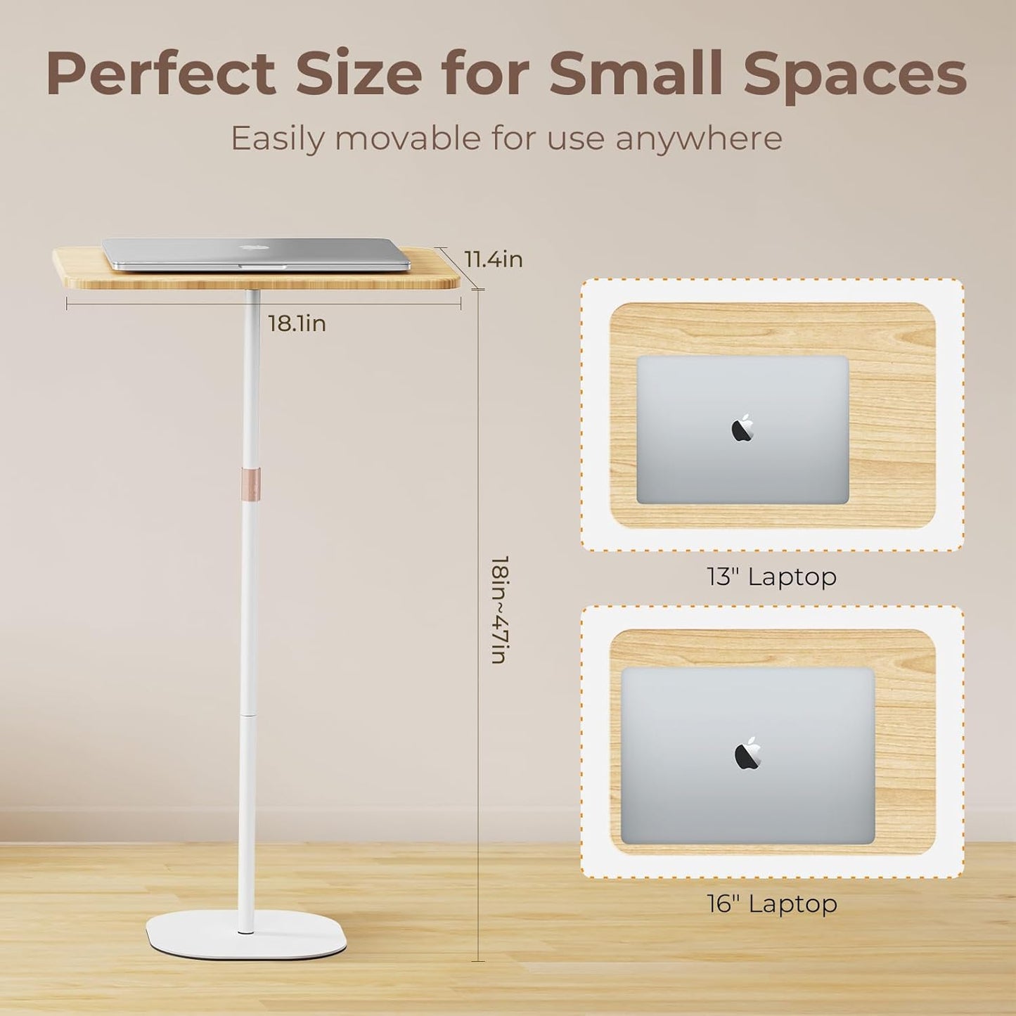 Portable Laptop Floor Stand, Bedside/Sofa Table with Height Adjustable 18''~47'', Stylish Movable Workstation Floor Standing Desk for Office, Meeting Room, Living Room Easy Assembly, White