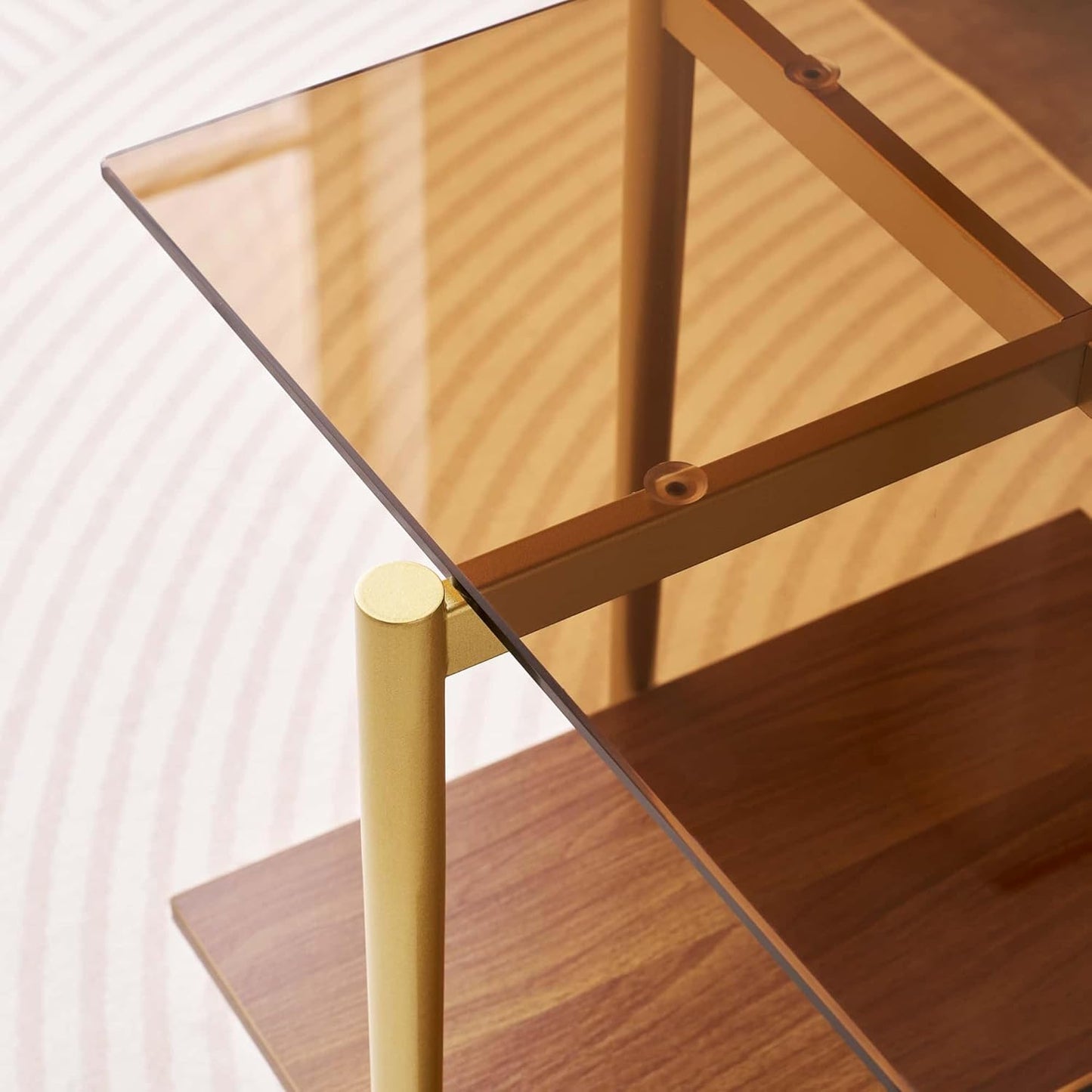 Glass End Table, Mid-Century Modern Design Sofa Table, L41 x W21 x H17, for Living Room, 2-Tier Structure, Clear Glass Top and Walnut MDF Shelf, Sleek Conical Metal Legs with Gold Finish Frame
