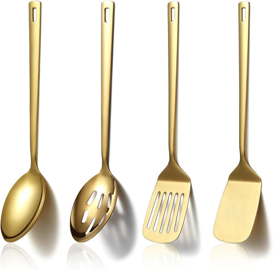 Homquen Gold Kitchen Utensils Set 4pcs, Titanium Gold Plating Stainless Steel Cooking Utensils Set, Kitchen Tools Spatulas Set, Cooking Spoons, Home Essentials Kitchen Gadgets Accessories