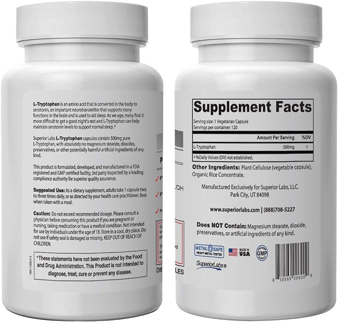 Superior Labs – Pure L-Tryptophan – 500mg, 120 Vegetable Capsules – Non-GMO Dietary Supplement for Restful Sleep & Relaxation – Supports Feelings of Well Being and Healthy Circulation Circulation