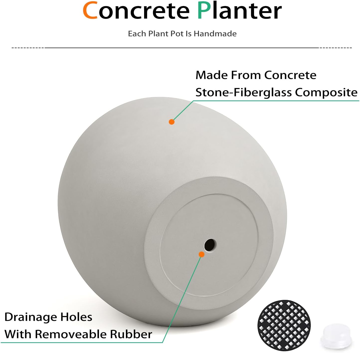 Ball Concrete Planter Outdoor Indoor, Large Tall Cement Plant Pots for Trees Flowers (Gray, 18 inch)