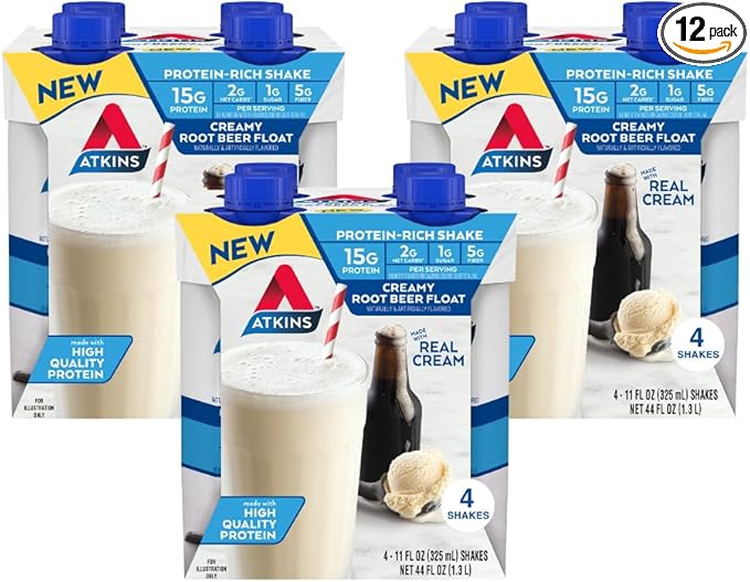 Atkins Protein Rich Shake, Creamy Root Beer Float, High Protein, Low Glycemic, Gluten Free Liquid, - keto, 12 Count (3 Packs each with 4 Shakes)