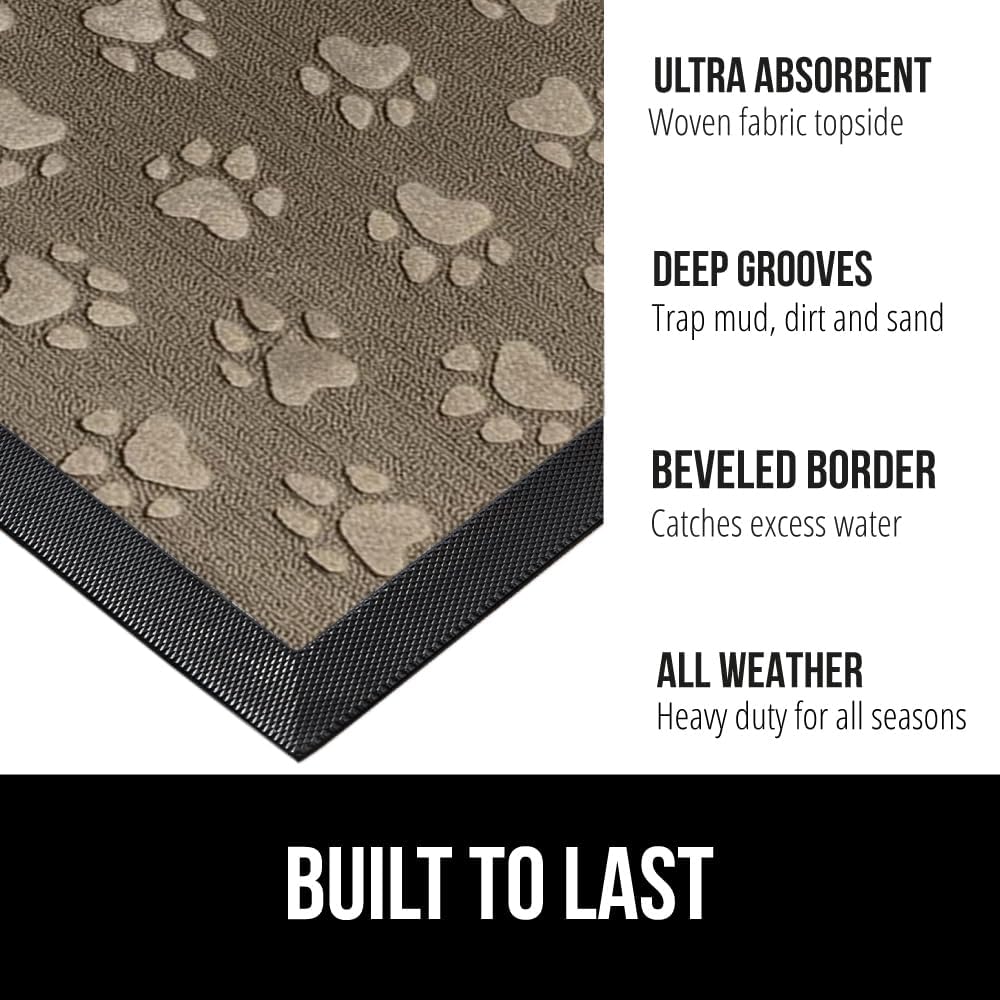 GORILLA GRIP 100% Waterproof All-Season WeatherMax Doormat 35x23, US Designed Natural Rubber, Stain and Fade Resistant, Low Profile Indoor Outdoor Door Mats, Easy Clean Patio Mat, Tan Pawprints