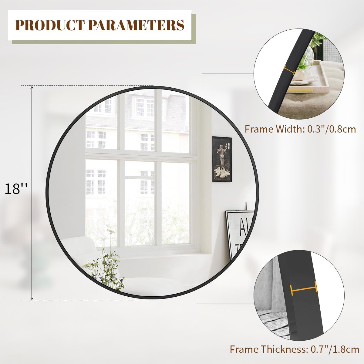 BEAUTYPEAK 18 Inch Round Mirror, Metal Frame Circle Mirror, Wall Mounted for Entryway, Bathroom, Vanity, Living Room, Black