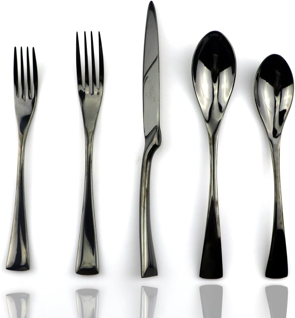 JASHII 18/10 Stainless Steel 20 Piece Mirror Polished Black Flatware Set,Dinner Knife Fork Salad Fork Dessert Spoon,Service for 4 ,Black Utensil Sets