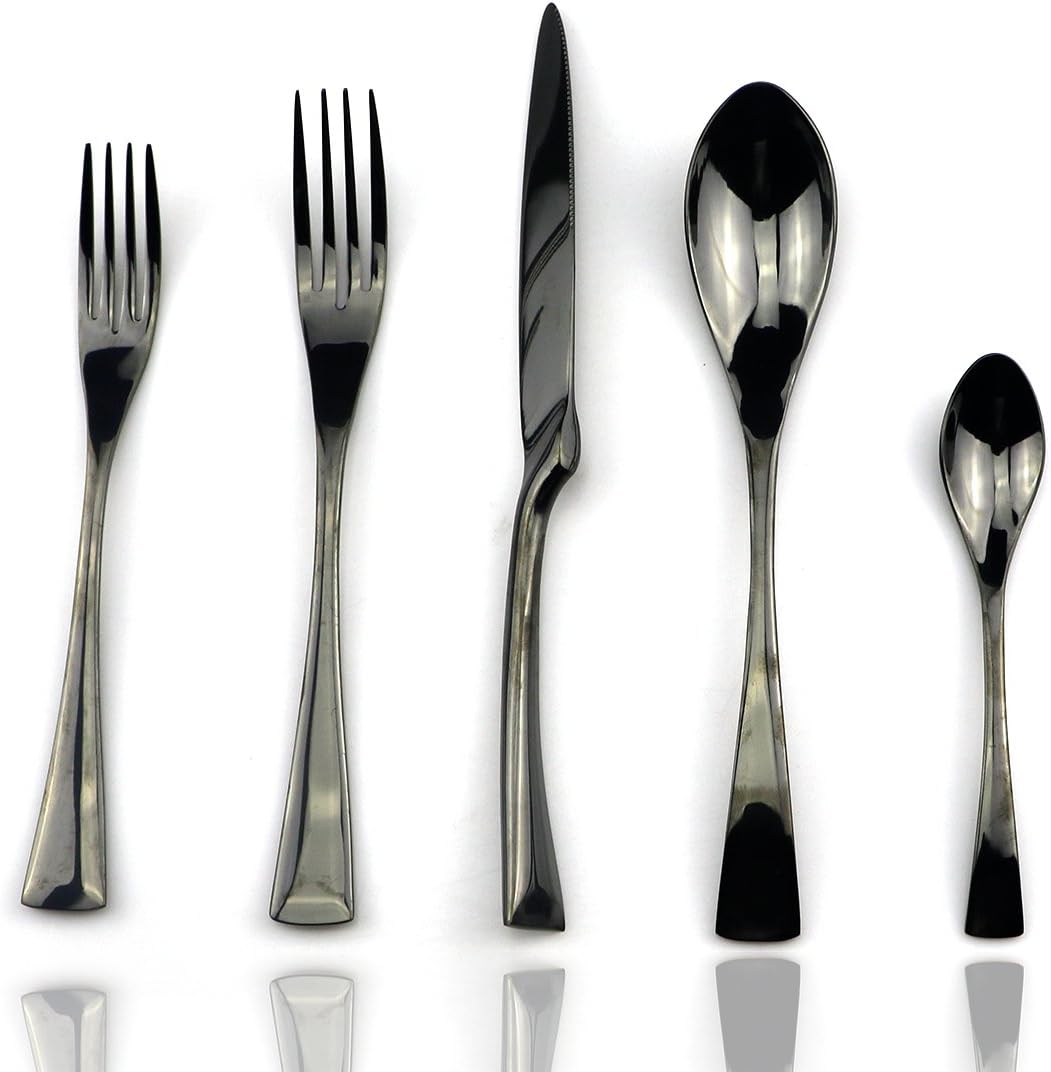 JASHII 18/10 Stainless Steel 20 Piece Mirror Polished Black Flatware Set,Dinner Knife Fork Salad Fork Coffee Spoon,Service for 4 ,Black Utensil Sets
