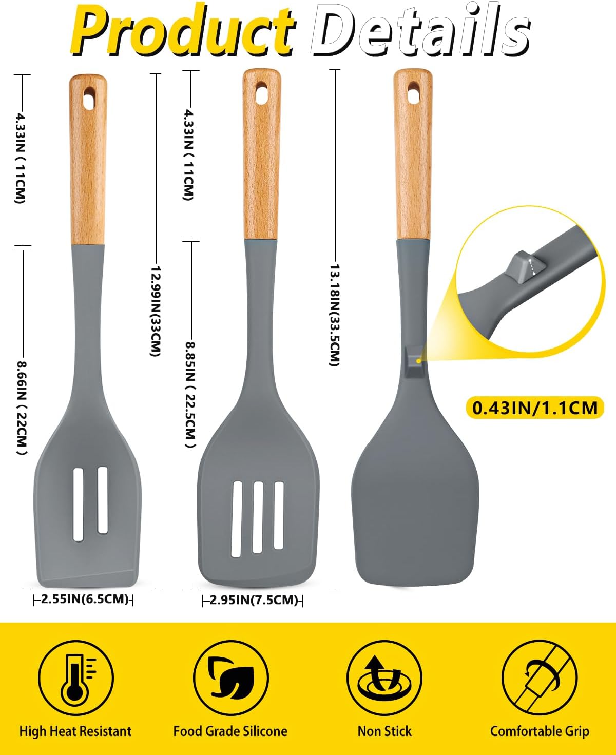 Pack of 4 Silicone Kitchen Utensils Set, Non Stick Solid Spatulas and Heat Resistant Slotted Spoons with Wooden Handle, Ideal BPA Free Cooking Utensils for Mixing,Serving,Turning,Stirring(GRAY)