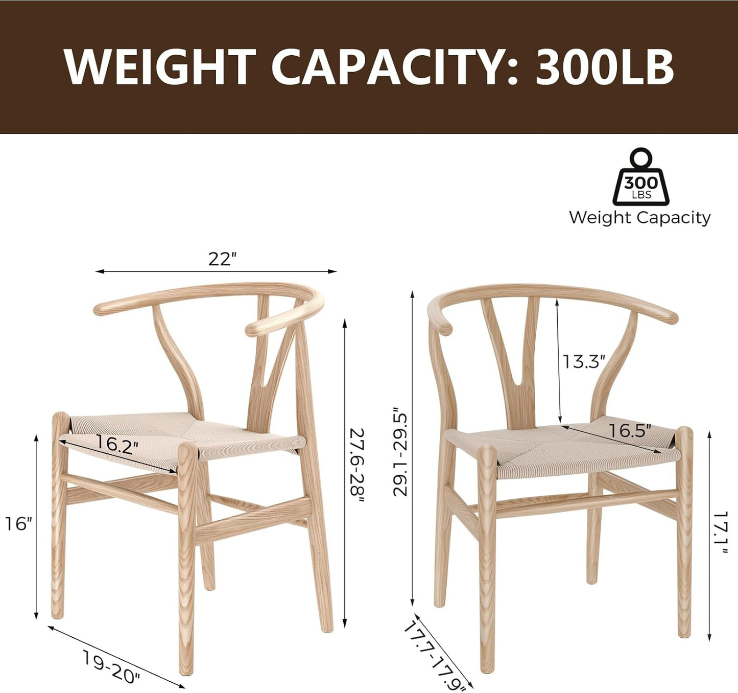 Wishbone Chair Natural Solid Wood Dining Chair/Hans Vegner Y Chair Rattan and Wood Accent Armrest Chair (Ash Wood + Natural Wood Color)