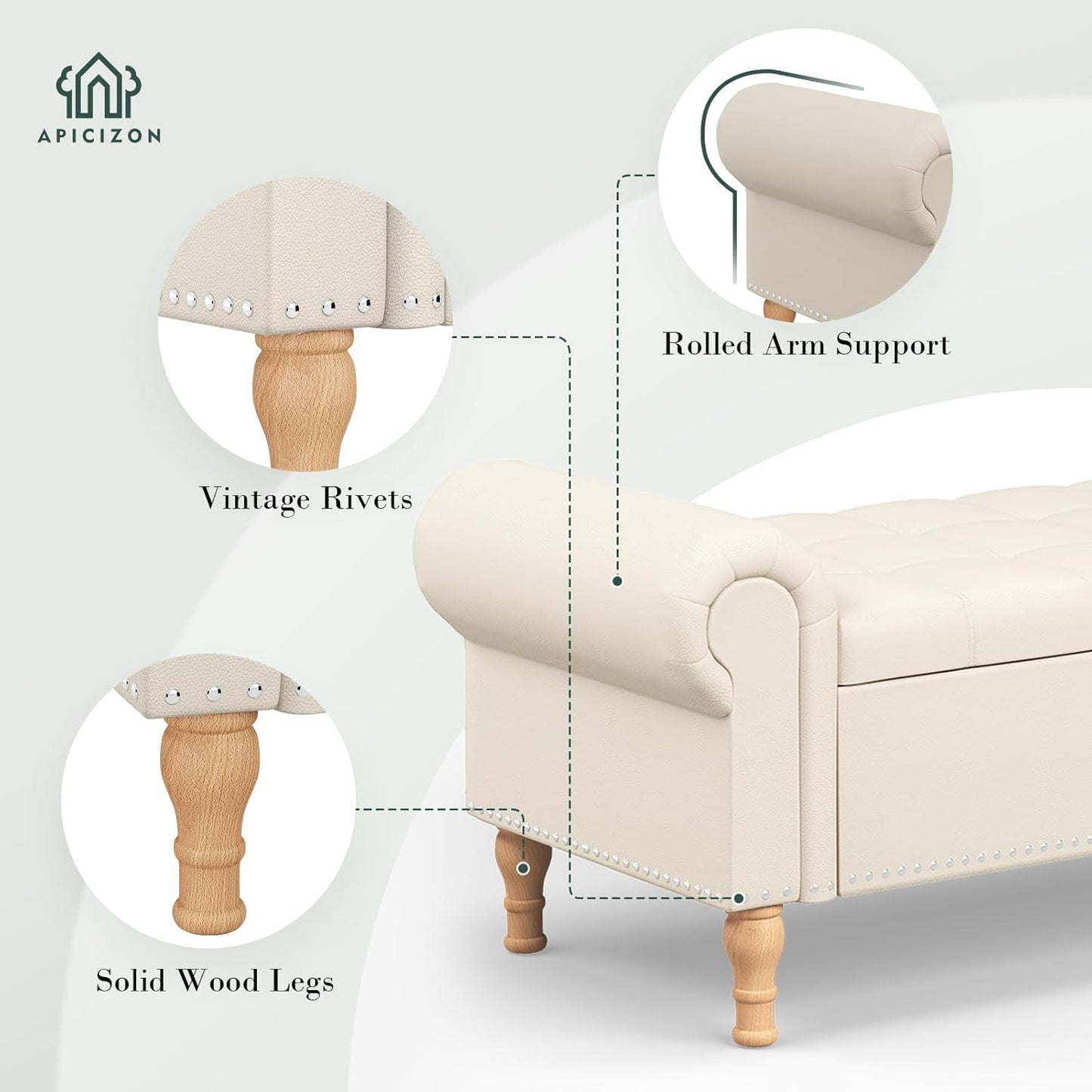 Apicizon 51”Storage Ottoman Bench, Soft Faux Leather Indoor Bench with Rolled Arm and Vintage Rivets, Large Storage Chest for Bedroom, Living Room, Entryway,Beige+Natural Legs