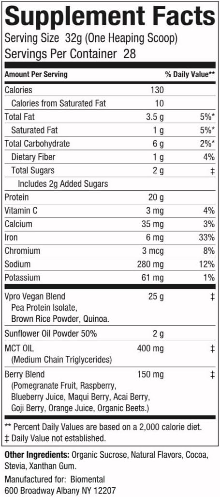 Biomental Vegan Chocolate Protein Powder - Plant-Based -Easy Absorption - Delicious Chocolate - Muscle Building, Ideal Healthy Vegan Lifestyle - Non-GMO, Gluten-Free Protein Supplement