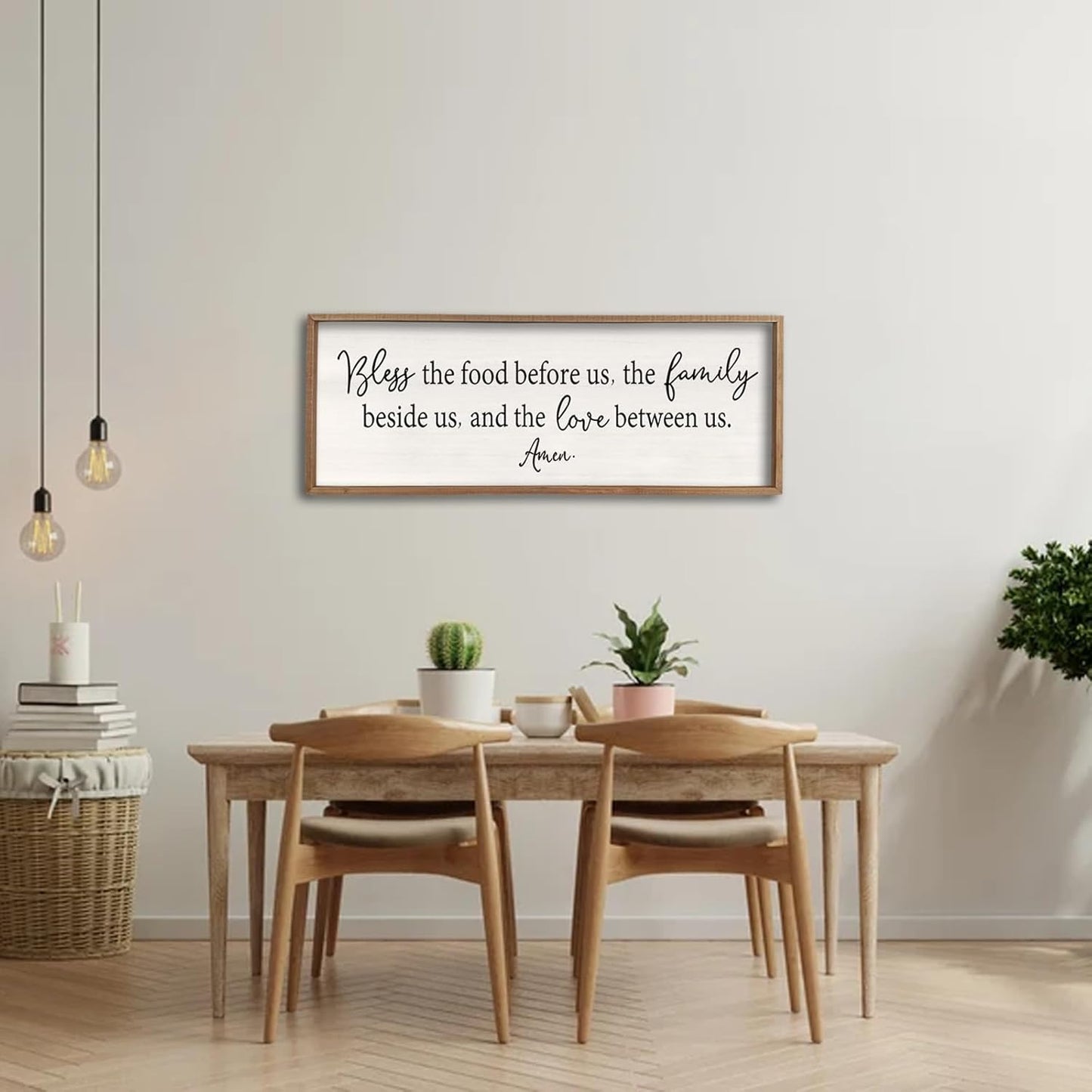 Bless the Food Before Us Sign Wall Decor 40"X15" Large Farmhouse Dining Room Wall Decor Framed Wood Rustic Home Wall Art Kitchen Hanging Decoration (Wood White)
