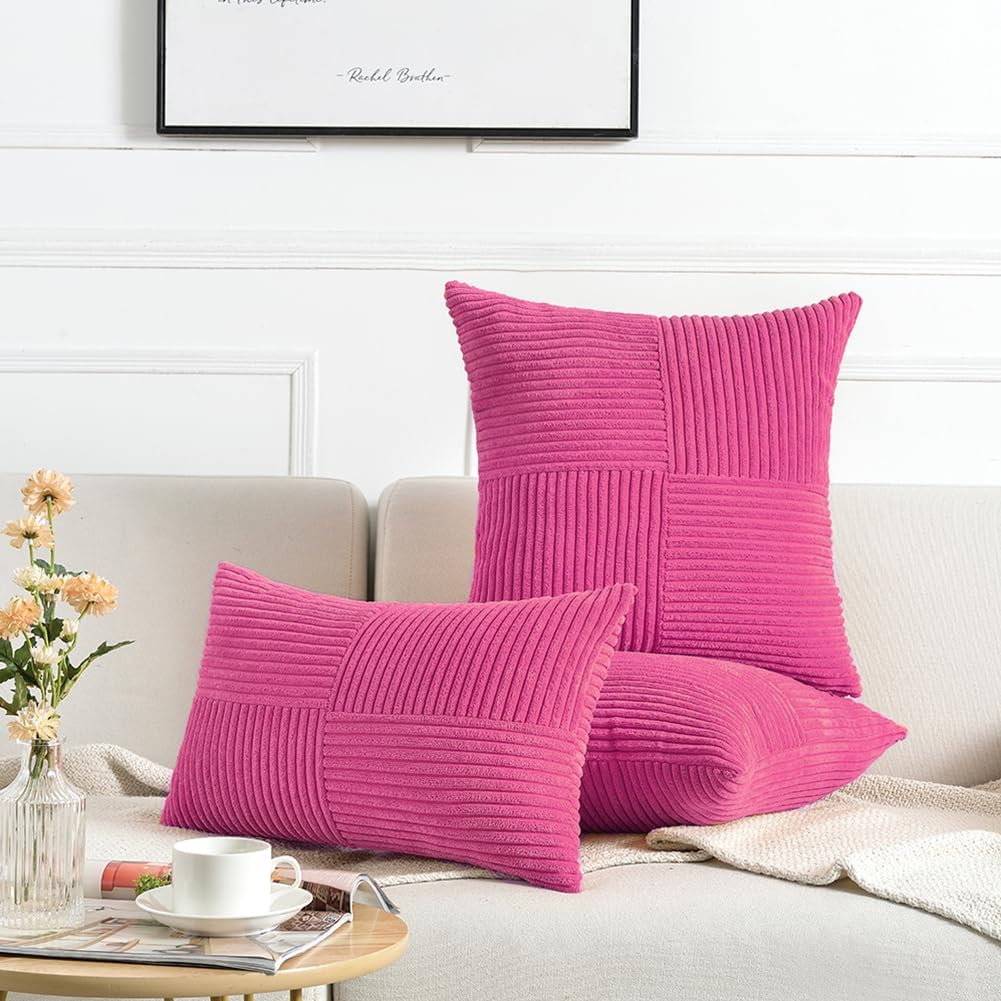Fancy Homi 2 Packs Hot Pink Lumbar Decorative Throw Pillow Covers 12x20 Inch for Living Room Couch Bed Sofa, Rustic Farmhouse Boho Home Decor, Soft Striped Corduroy Rectangle Accent Cushion Case