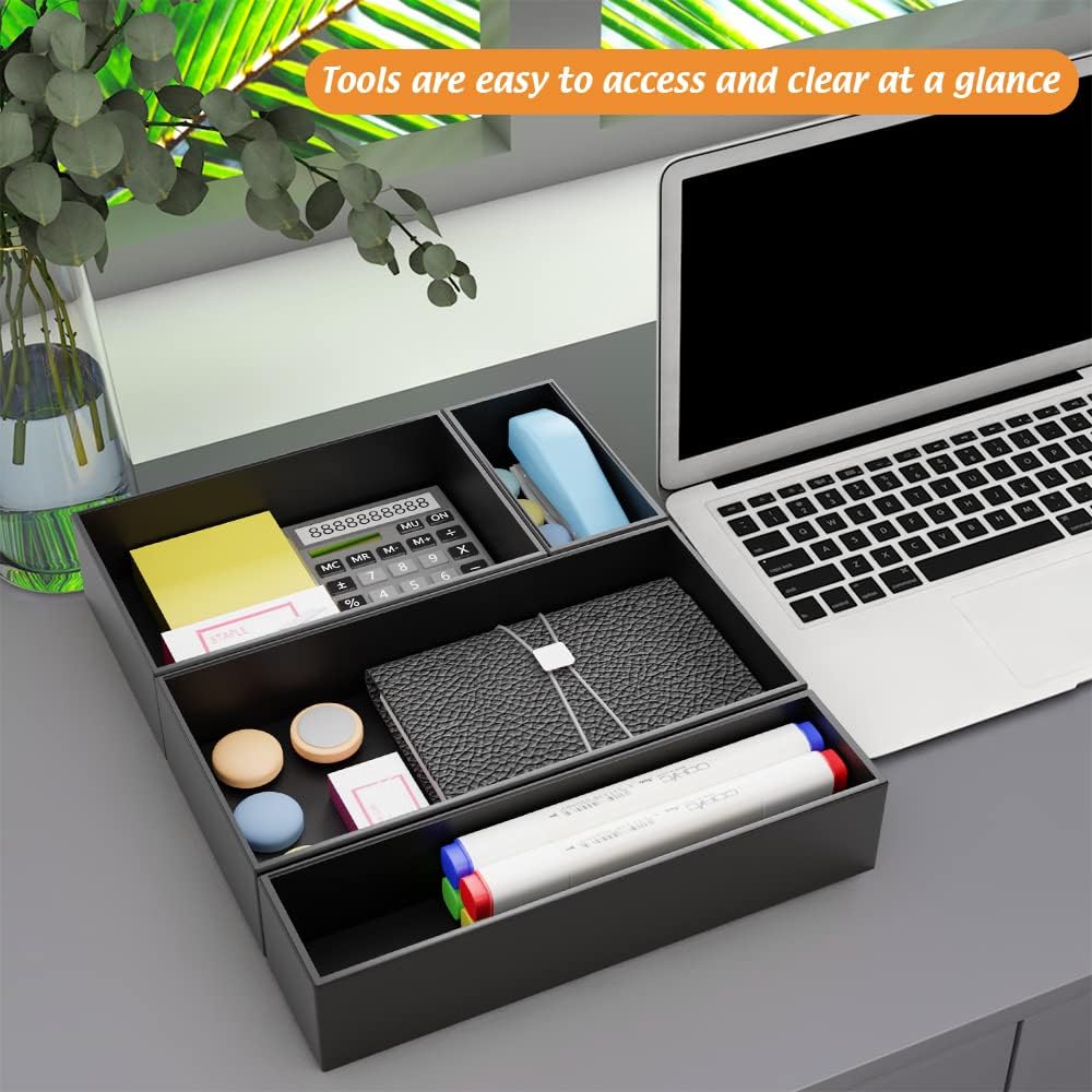 Black Bamboo Drawer Organizer - Silverware&Utensil Holder Organizer for Kitchen Drawers, Multi-Use Drawer Dividers Boxes for Bathroom Counter,Cabinet, Garage, Office Desk, Makeup, Jewelry (9"6"2.5")