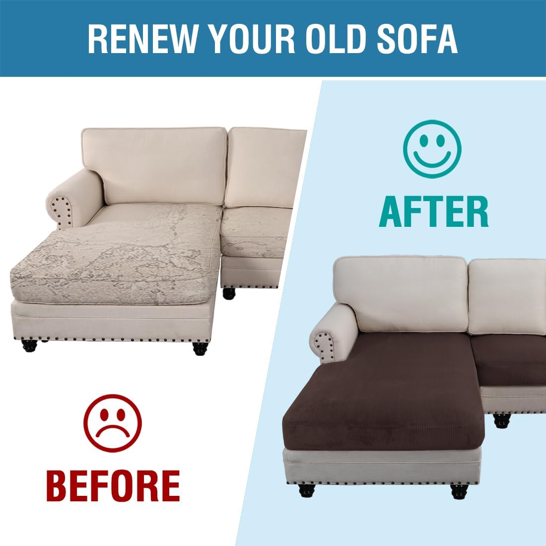 H.VERSAILTEX Velvet Stretch Sectional Couch Covers - 3 Piece L Shape Separate Cushion Set for Large 2 Seater + 1 Chaise, Brown Striped