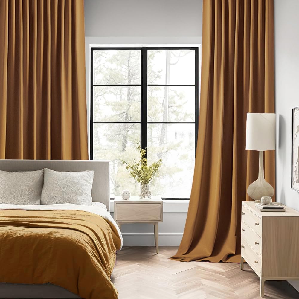 MIULEE Golden Brown Back Tab Blackout Curtains 63 Inch Length 2 Panels Set for Living Room Bedroom Privacy, Rod Pocket/Pinch Pleat Thermal Insulated Room Darkening Pleated Light Blocking Drapes