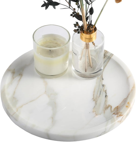 Natural Round Marble Tray - Luxury Decorative Serving Tray for Coffee Table, Bathroom Vanity, Dresser & Kitchen Countertop - Stone Organizer for Jewelry, Perfume, Candle, Home Decor -Statuario