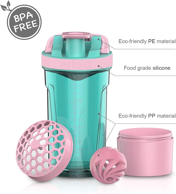 Artoid Mode Inspirational Fitness Workout Sports Protein Shaker Bottle 24-Ounce, Dual Mixing Technology with Shaker Balls & Mixing Grids Included, Twist and Lock Protein Box Storage Included