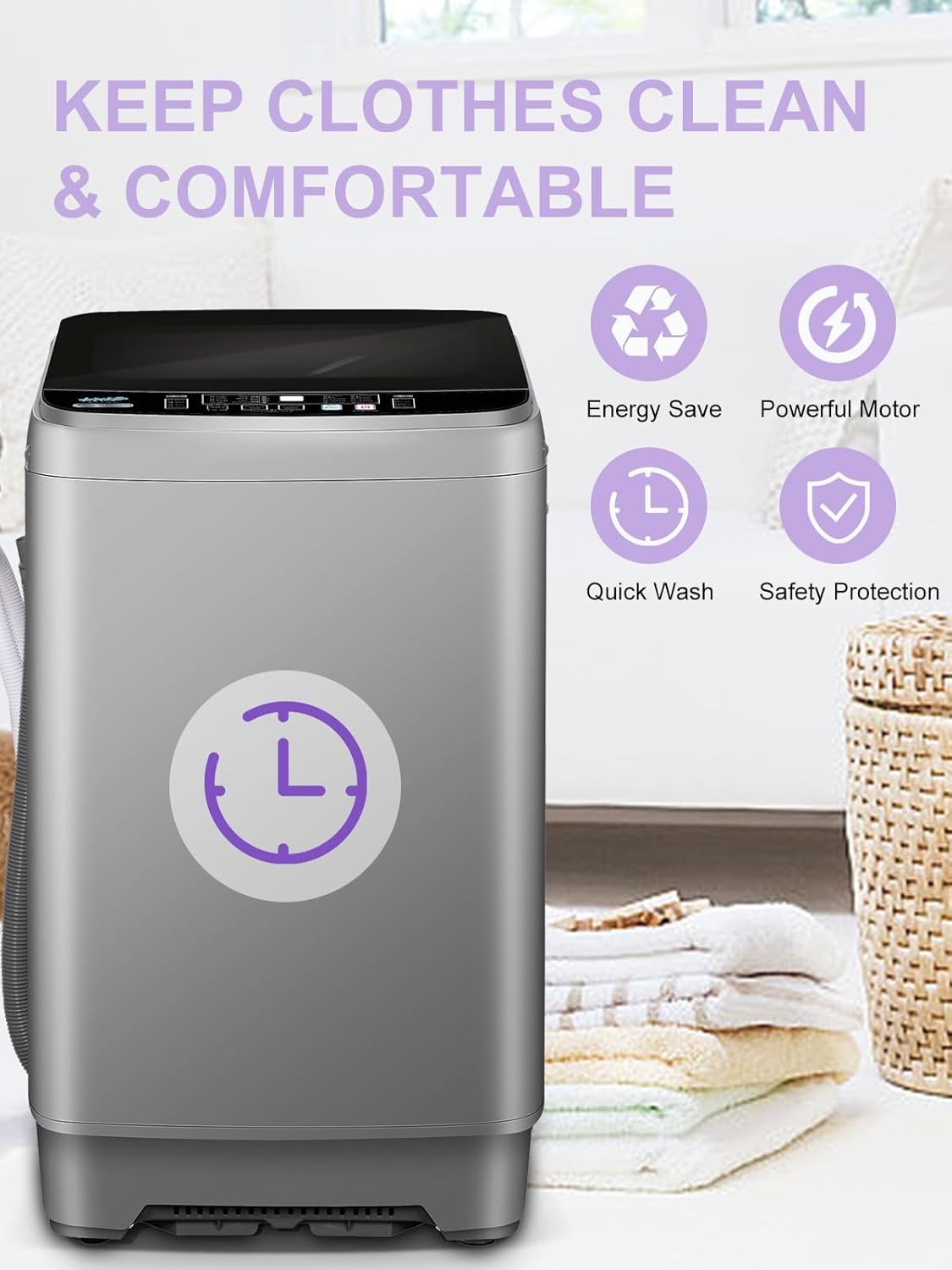Full-Automatic Washing Machine 25 lbs Portable Washer 10 Wash Program & 8 Water Level with LED Display,Drain Pump, Ideal for Apartments, RV, Camping, Grey