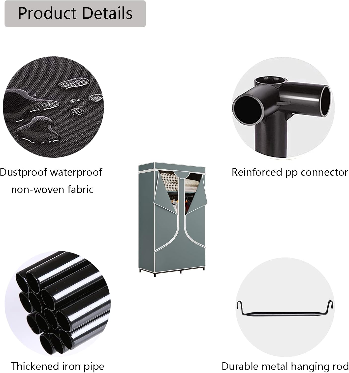 SORCEDAS Portable Wardrobe Closet Storage Organizer Metal Hanging Rack Non-Woven Fabric 34 Inch Grey