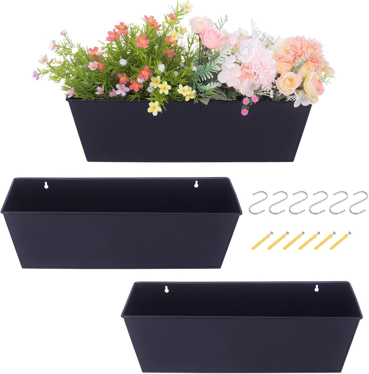 Wall Hanging Planters for Outdoor Plants 16 Inch Large Metal Fence Pots with Hooks for Outside Garden Balcony Plants 3PCS(Black)