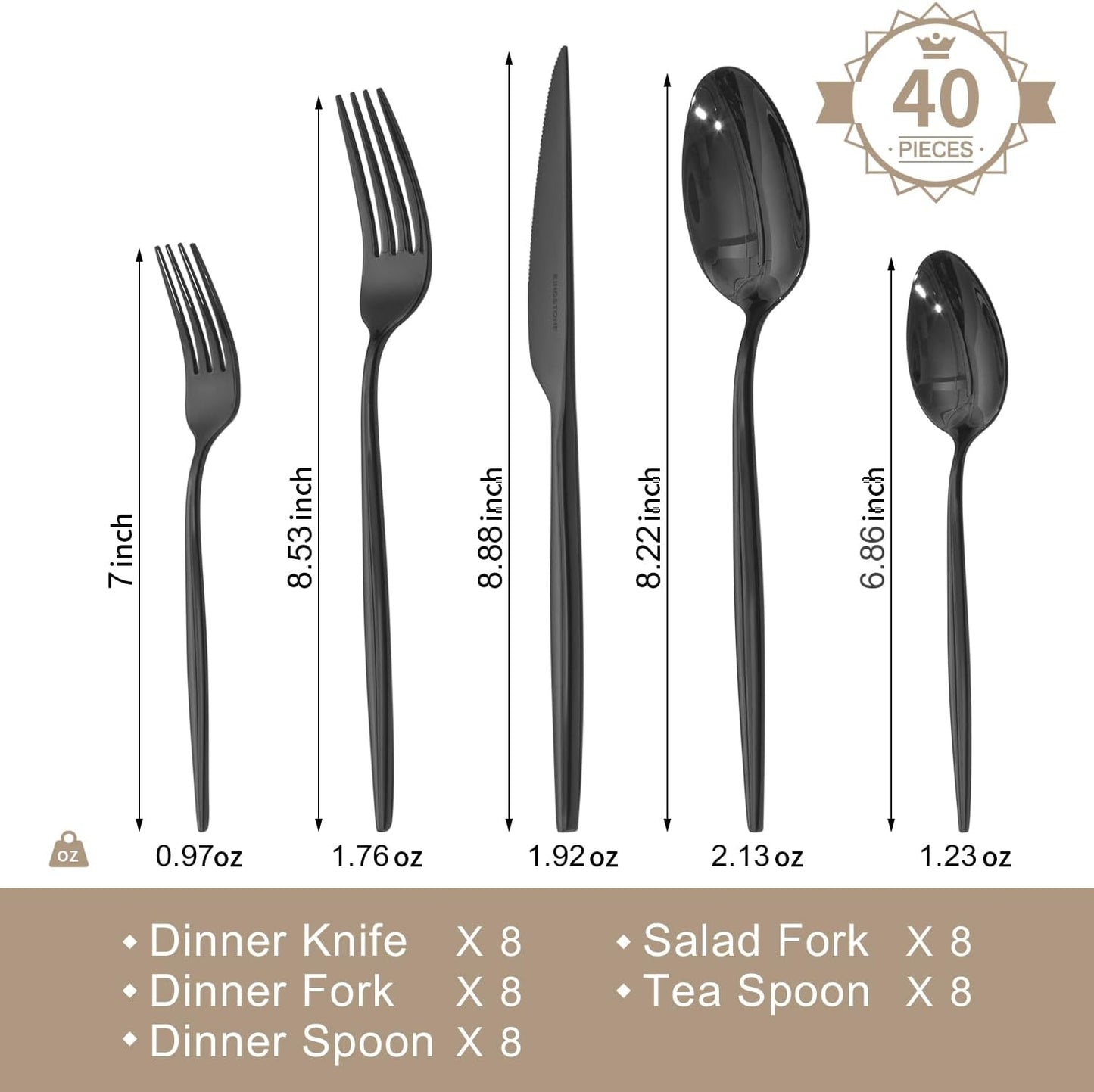 KINGSTONE Silverware Set, 40-Piece Flatware Set Cutlery Set Premium 18/10 Stainless Steel, Tableware Include Forks Knives Spoons for Home Kitchen Restaurant Wedding, Dishwasher Safe,Black