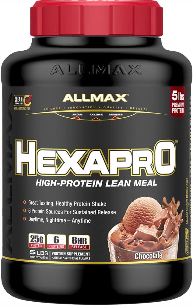 ALLMAX HEXAPRO, Chocolate - 5 lb - 25 Grams of Protein Per Serving - 8-Hour Sustained Release - Zero Sugar - 52 Servings