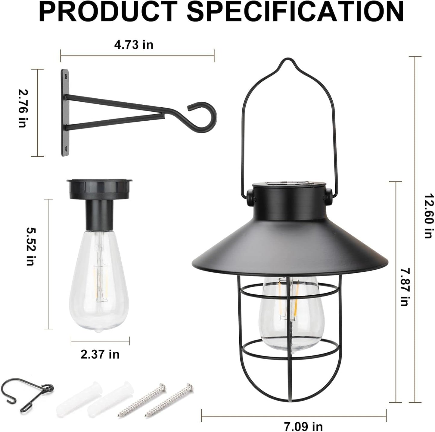 pearlstar Solar Lanterns Outdoor Metal Solar Powered Hanging Lights Waterproof for Wall Barn Yard Garden Patio Garage Balcony Porch Fence Decor, Warm White Edison Bulb (Black-2pack)
