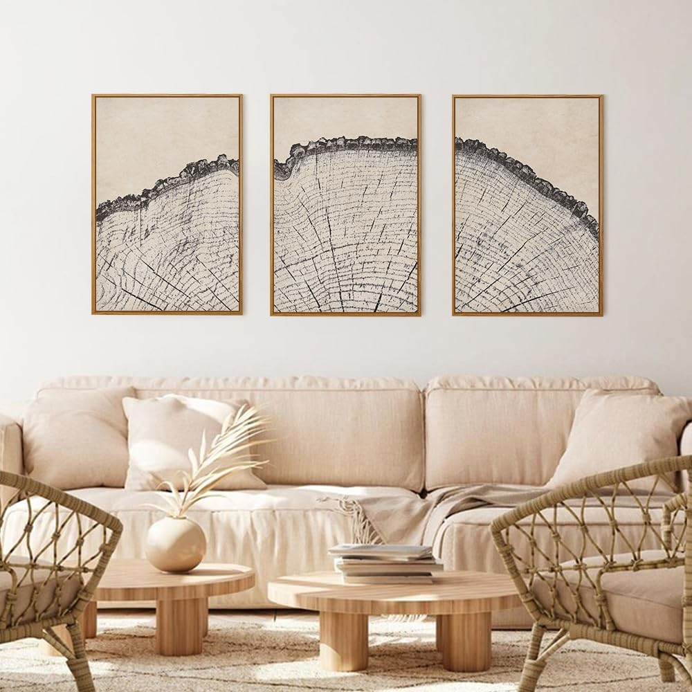 HPINUB Vintage Wood Tree Rings Wall Art Set, Framed Canvas Paintings, Black and White Nature-Inspired Decorative for Modern Home Decor for Living Room, Bedroom, Dining Room, Office- 24"x36"x3
