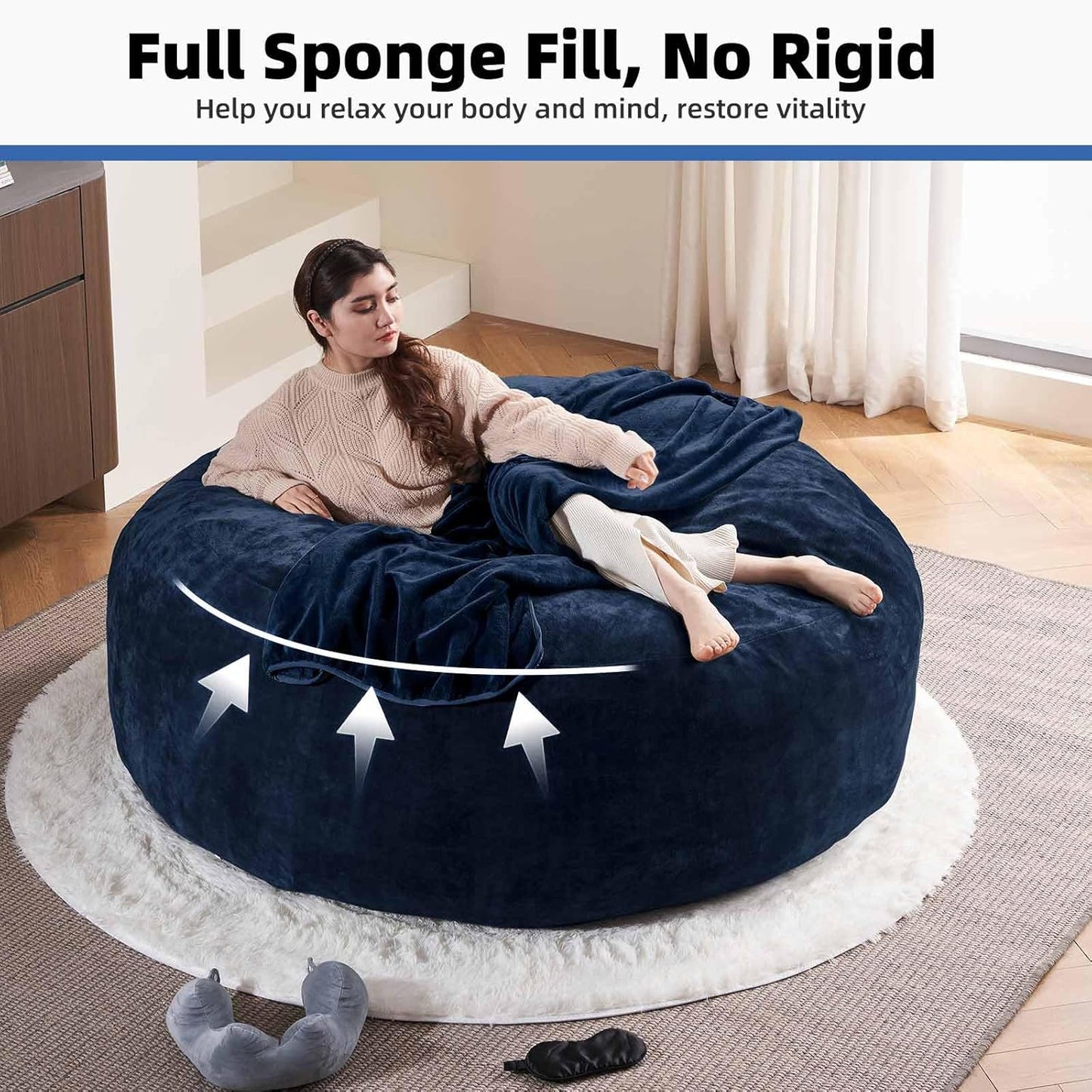 6FT,Oversized Bean Bag Chairs for Adults,Giant beanbag with Filler Included,Fluffy Memory Foam,Soft and Comfy Corduroy Fabric,Gaming Chairs Suitable for Living Room and Bedroom (Blue, 6 Foot)