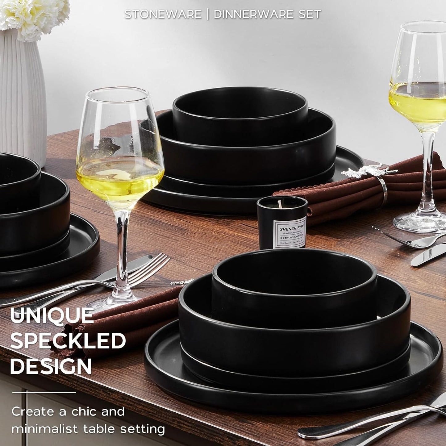 Onader 24 Piece Stoneware Dinnerware Sets with Pasta Bowls, Kitchen Dinner Dishes Set for 6, Plates and Bowls Dishware Dining Ware - Ebony Black