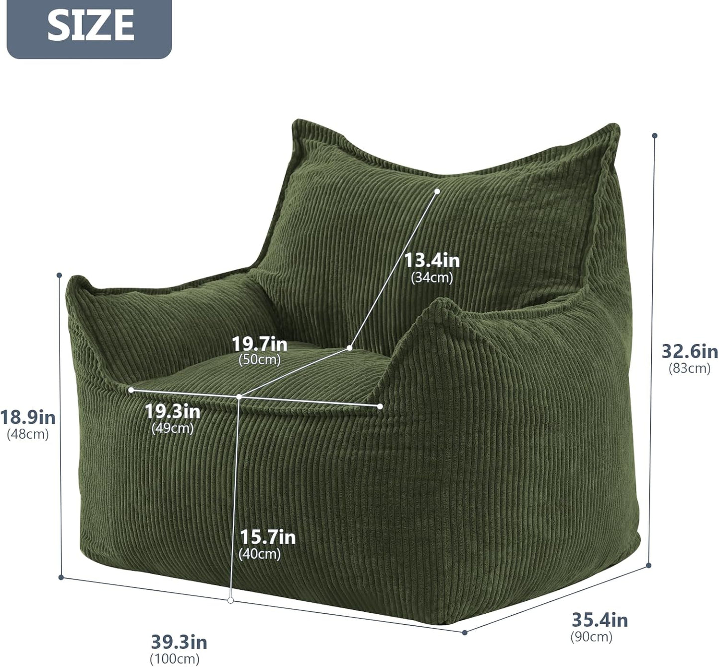 Giant Bean Bag Chair Sofa for Adults Teens, Comfy Corduroy Large Bean Bag Chairs with Armrests for Bedroom Living Room, Adult BeanBag Lazy Sofa Couch Chairs with Filler Included