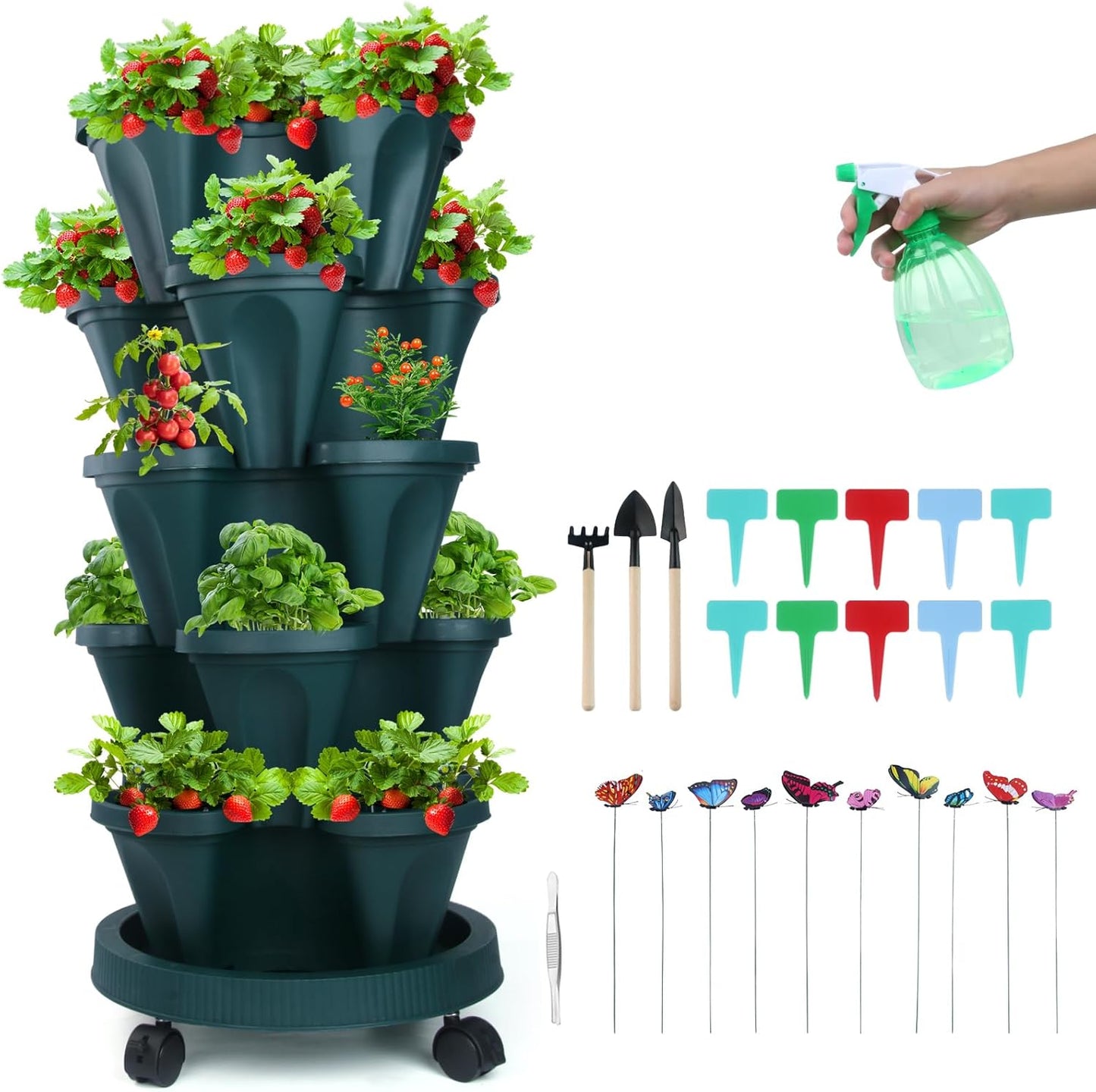 Vertical Planter, 5 Tier Stackable Strawberry Planter with Garden Tool Set, Movable Indoor/Outdoor Garden Herb Pot for Growing Vegetables and Succulents, Green