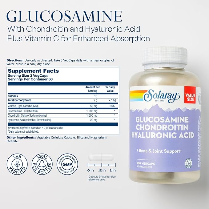 Solaray Glucosamine Chondroitin Hyaluronic Acid, Healthy 60-Day Guarantee, 60 Servings, 180 VegCaps