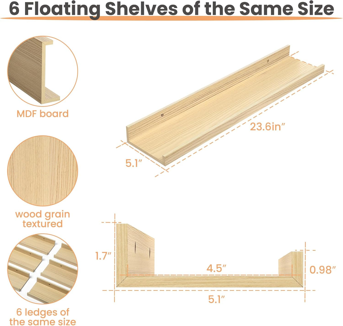 upsimples Floating Shelves for Wall, Wood Mounted Shelf Decor Storage Set of 6, for Bedroom, Living Room, Bathroom, Kitchen, 23.6 inch Long Picture Ledge, Natural