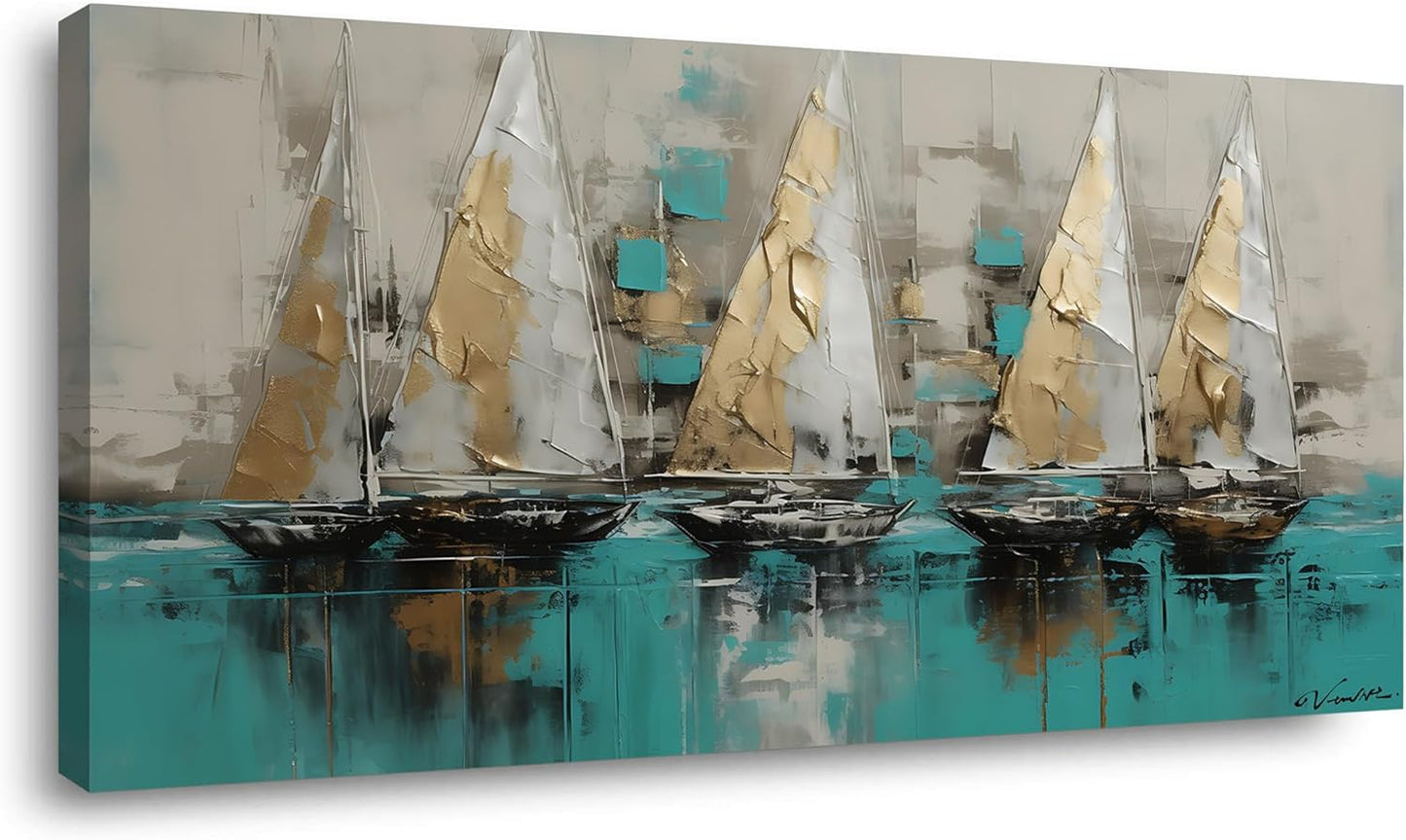 LASMOND Framed canvas wall art Large Boats for living room Nature bedroom Decor Ocean landscape sailboat Canvas painting Ready to Hang Office Home Decoration sea poster Pictures(20x40 Inches)