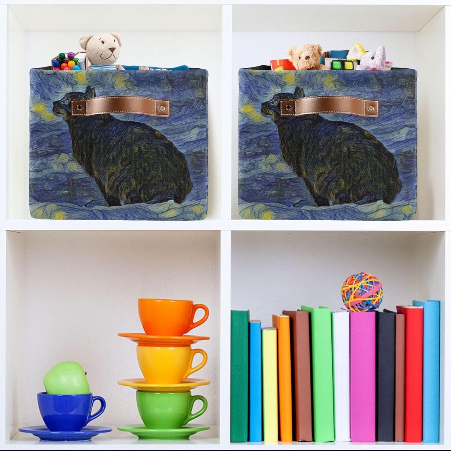 susiyo Storage Baskets for Shelves Organizer Baskets with Metal Frame Closet Storage Bins Fabric Bins Cubes with PU Handles for Organizing Shelf Nursery Toys 1 PACK,Black Cat